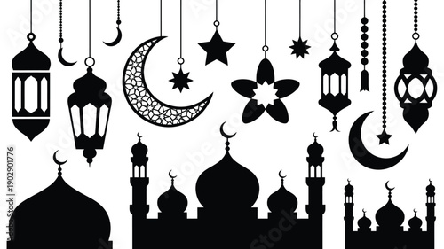 Elegant ramadan decorations with mosque silhouettes lanterns stars and crescent moons for festive ambiance