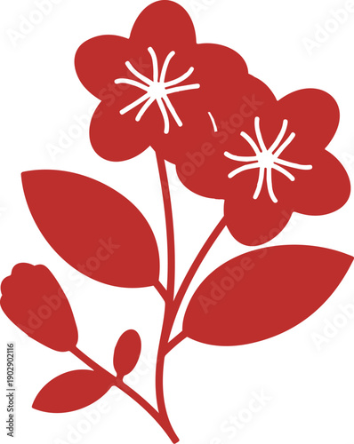 A simple vector illustration of a red flower plant with three fully bloomed flowers and one unopened bud.