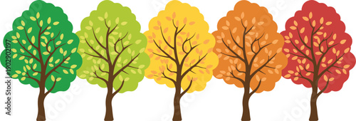 A stylized illustration of five trees arranged in a horizontal line, each depicting different autumn colors.