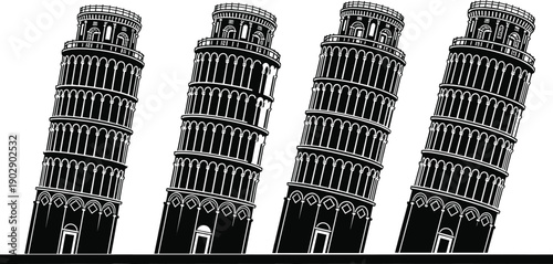 Leaning Tower of Pisa silhouette set in different angles, iconic Italian landmark architecture isolated on white background vector illustration
