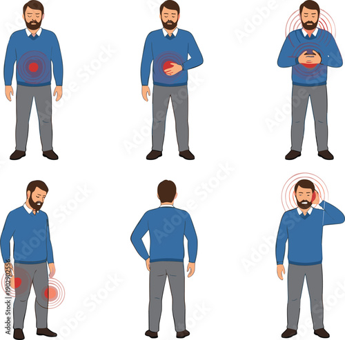 Man suffering from abdominal, stomach, chest, knee, back, neck pain, medical illustration, body ache, health issue, anatomy, discomfort
