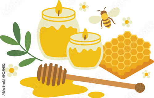 A flat, minimalist illustration of honey products on a white background.