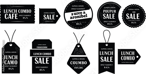 Lunch combo tags, black and white sale labels, food discount stickers, cafe promotion signs, restaurant offer badges, vintage style