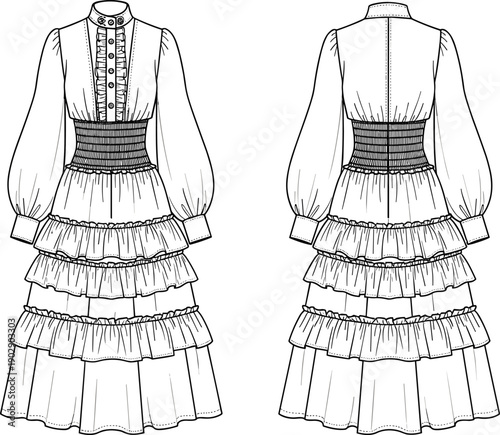 Long tiered ruffle dress fashion flat sketch with puff sleeves, high neck, smocked waist, detailed front and back technical drawing design
