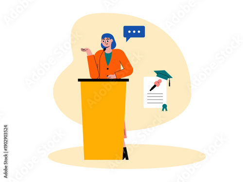 A woman giving a public speech at a podium. Course illustrations. Flat vector illustration concepts.