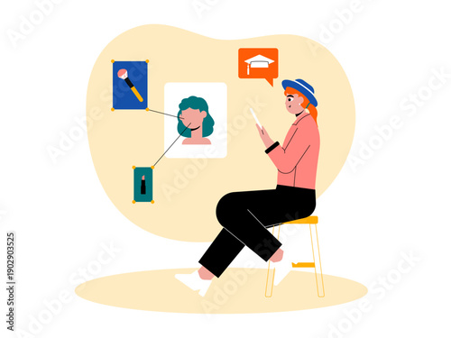 A makeup teacher who provides distance learning or courses. Course illustrations. Flat vector illustration concepts.