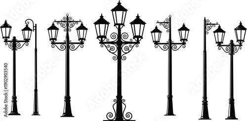 Ornate vintage street lamp silhouettes with decorative wrought iron posts, classic lantern designs for urban parks and streets, black and white vector set