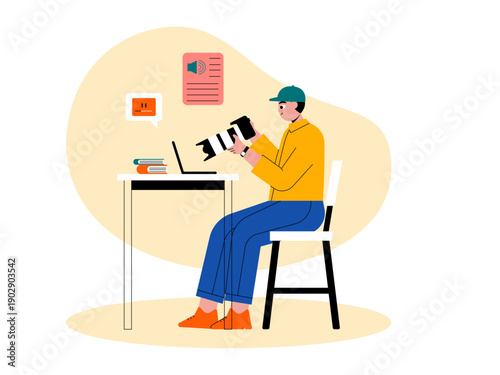 A boy participating in an online photography course. Course illustrations. Flat vector illustration concepts.