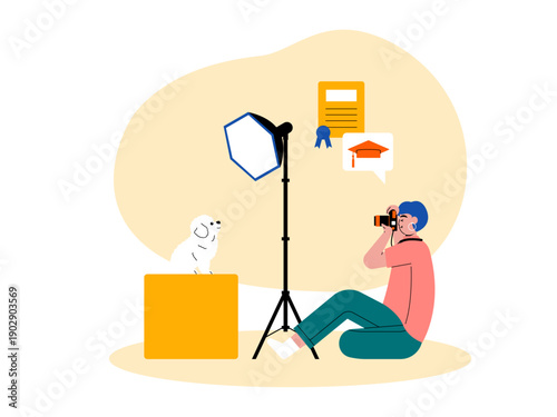 A photographer taking pictures of a small dog sitting on a pedestal. Course illustrations. Flat vector illustration concepts.