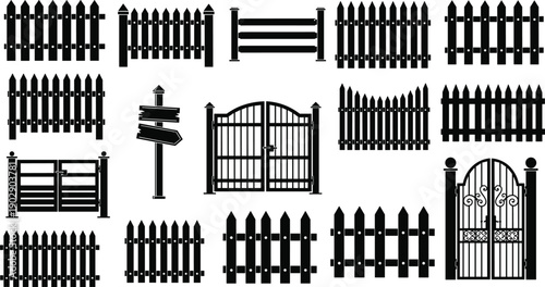 Picket fence and garden gate silhouette set with various wooden fence panels, entrances, and outdoor boundary designs in black vector style