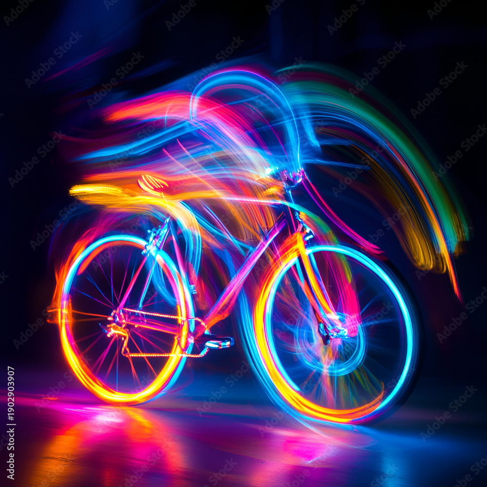 Fototapeta premium Dynamic bicycle light trails urban nightscape photography vibrant colors motion blur creative concept