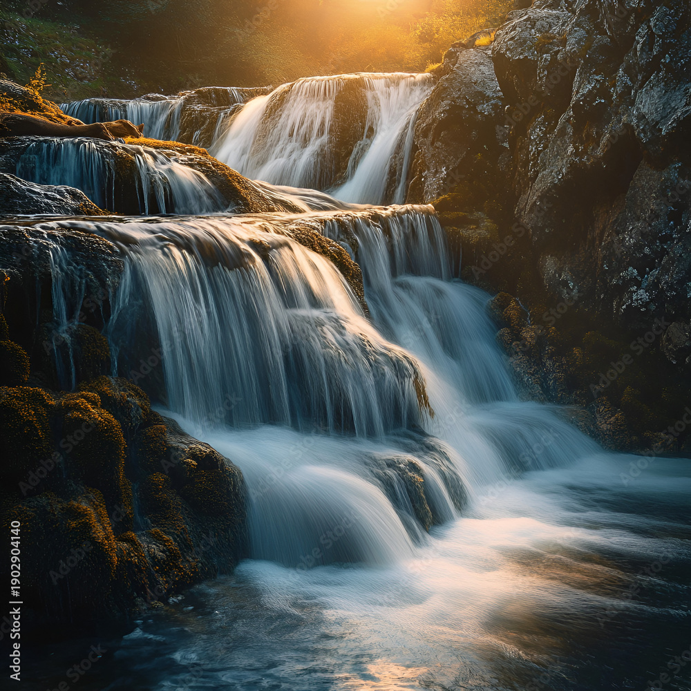 Fototapeta premium Cascading waterfalls in a serene landscape nature photography golden hour tranquil environment scenic view