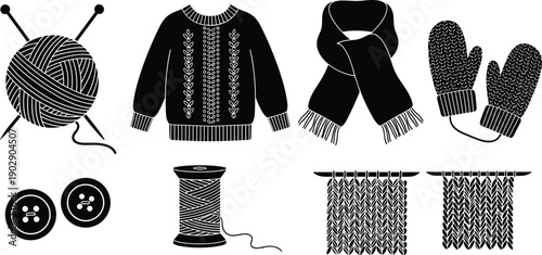 Knitting and sewing icons collection, winter clothing illustrations with yarn, sweater, scarf, mittens, buttons, thread, handmade craft silhouette set
