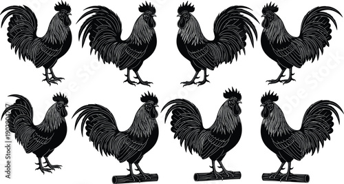 Set of Black Rooster Silhouette Vector Icons Featuring Different Poses of Farm Birds for Agriculture Poultry Farming Sunrise Morning and Country Lifestyle Design Elements