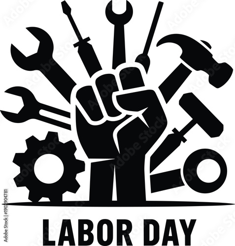 Black silhouette of a raised fist with industrial tools, hammer, wrench, and screwdriver, for Labor Day celebration, isolated on white