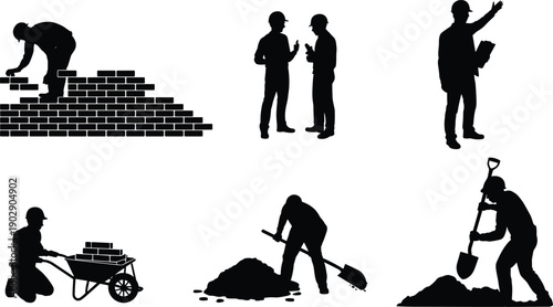 Construction worker silhouettes, building labor vector illustration, bricklaying shoveling wheelbarrow artwork, site teamwork design element, industrial 