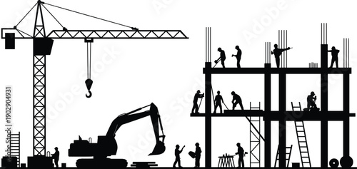 Construction site silhouette with workers, heavy crane, and excavator building a multi-story structure, industrial development and engineering project, isolated vector