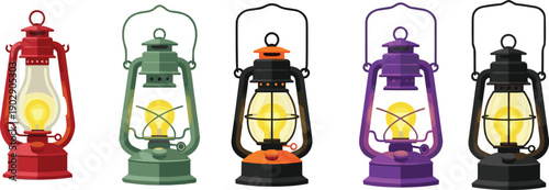 Vintage kerosene lantern collection in multiple colors, glowing camping oil lamps illustration set for outdoor, emergency, and retro decor concepts