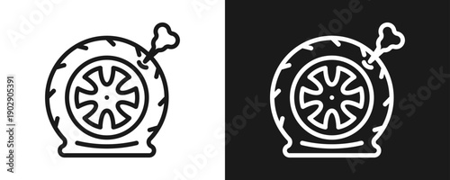 Punctured Tire Icon Set Outline In White And Black Background