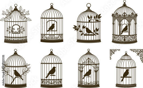 Vintage ornate birdcage illustration set with birds and floral elements, decorative antique cages isolated on white background vector design