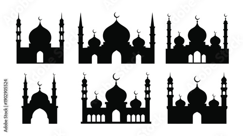 Collection of elegant black mosque silhouettes with domes and minarets on white background for design and cultural concepts