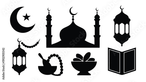 Ramadan kareem islamic symbols and icons set with mosque lanterns crescent moon and holy book on white background
