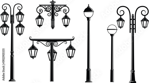 Vintage street lamp silhouettes set featuring classic lantern poles, ornamental wrought iron designs, old-fashioned urban lighting, and decorative outdoor streetlights
