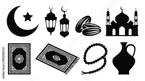 Black vector islamic symbols and objects for ramadan and eid including crescent moon lanterns mosque prayer mat rosary and dates on white background representing faith and spirituality