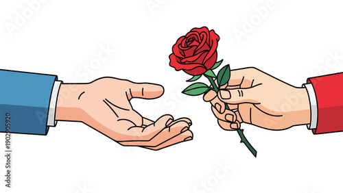 Hand offering a red rose to another, symbolizing love, romance, and thoughtful gesture