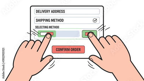 Hands confirming online order on a tablet, selecting shipping method for e-commerce delivery