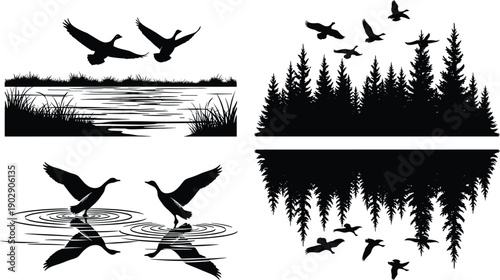 Wild birds silhouette landscape with flying ducks, forest trees and lake reflections, peaceful nature wildlife scenes isolated on white background vector illustration