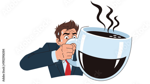 Stressed businessman holding an oversized steaming coffee mug, depicting fatigue, caffeine need, or overwhelming workload