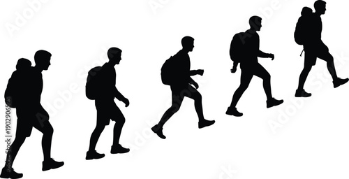 Silhouette of a diverse group of five male hikers with backpacks walking uphill in a row, adventure and teamwork concept