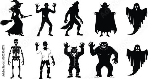 Black Halloween monster silhouettes set featuring witch zombie werewolf vampire ghost skeleton spooky characters isolated on white background illustration design