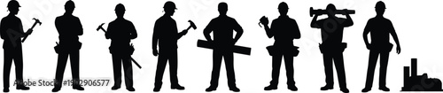 Silhouette of a diverse group of professional construction workers, builders, and contractors standing in a row, isolated on white background