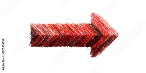 Flèche rouge texturée dessinée à la main, isolée sur fond blanc, indiquant la direction.