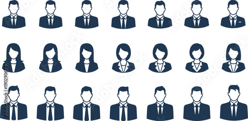 Business avatar icons set, professional male and female user profile silhouettes, corporate people symbols, flat vector illustration, collection, minimal, design