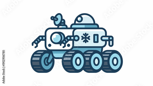 Stylized Robotic Rover Illustration with Antenna and Snowflake Icon for Future Exploration