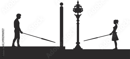 Social distancing concept silhouette, man and woman maintaining safe distance with barrier, public safety, pandemic awareness, health protection vector illustration