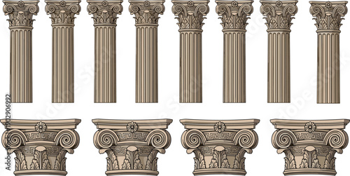 Classical column set illustration featuring detailed ionic and corinthian capitals, fluted stone pillars, ancient greek and roman architectural elements