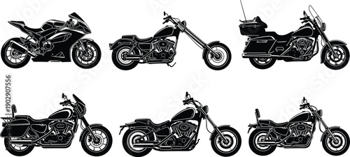 Set of Professional Motorcycle Silhouette Vector Icons Featuring Sportbikes Choppers Cruisers and Touring Bikes for Biker Culture Garage Service and Automotive Lifestyle Design