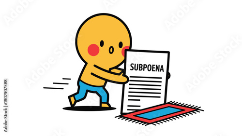 Cute cartoon character serving a subpoena document, legal process, law, and justice concept illustration