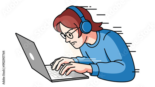 Intensely focused person with headphones rapidly typing on laptop, illustrating fast work, coding, or gaming speed and productivity.