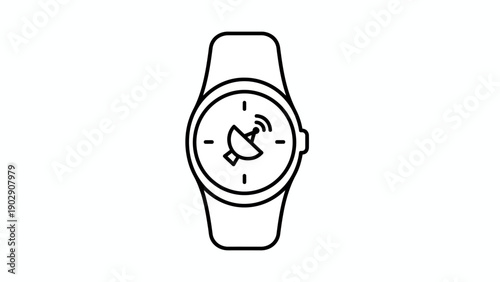 Minimalist line art icon depicting a modern smartwatch featuring a satellite communication symbol