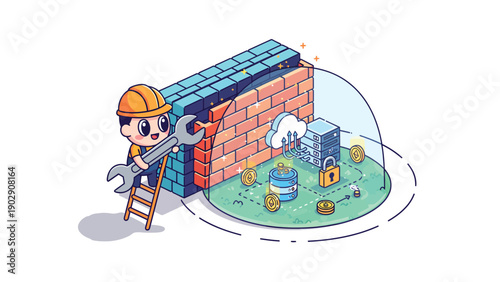 Cybersecurity engineer fixing firewall protecting cloud data, server, and digital assets. Network security and maintenance concept.