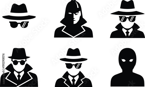 Spy and detective silhouette icons set featuring secret agents, undercover operatives, mystery characters, espionage, security, anonymity, and noir crime 