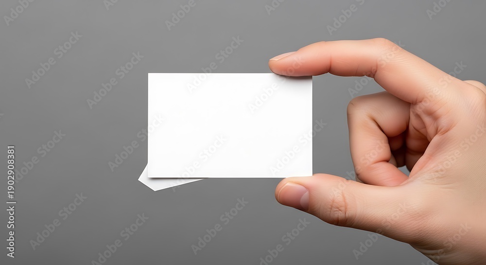 Obraz premium Hand holding blank white business cards against grey background