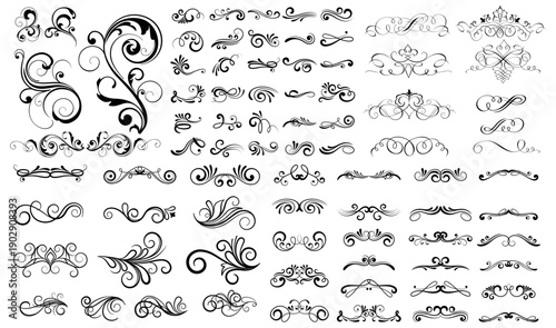 Calligraphic swirl floral ornaments. Modern swirling flourishes, wreath, romantic card decorative swirl and wedding card decor curls swirls dividers set. Black curly thin lines