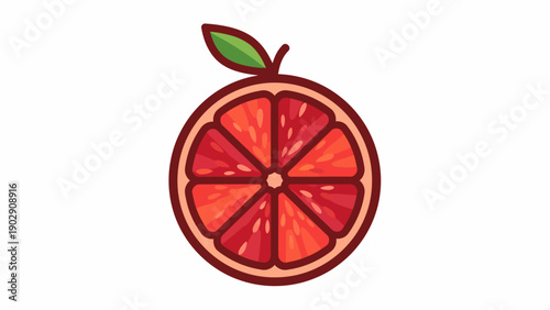 Vibrant cartoon style illustration of a fresh, juicy grapefruit or blood orange slice with a green