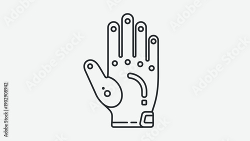 Line art illustration of a sophisticated robotic hand with joint indicators and a question mark